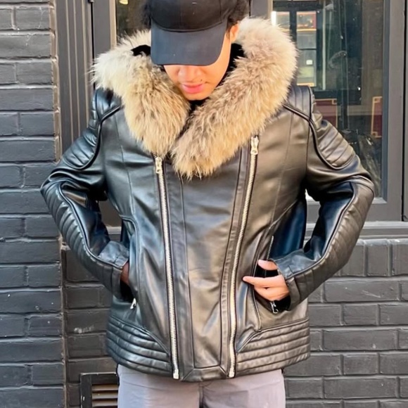 GOOSE COUNTRY Mens Racer Hoodie Leather Jacket - Picture 1 of 5